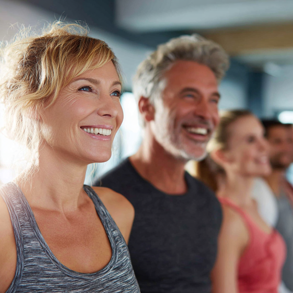 Group of middle-aged adults exercising together in a bright fitness studio