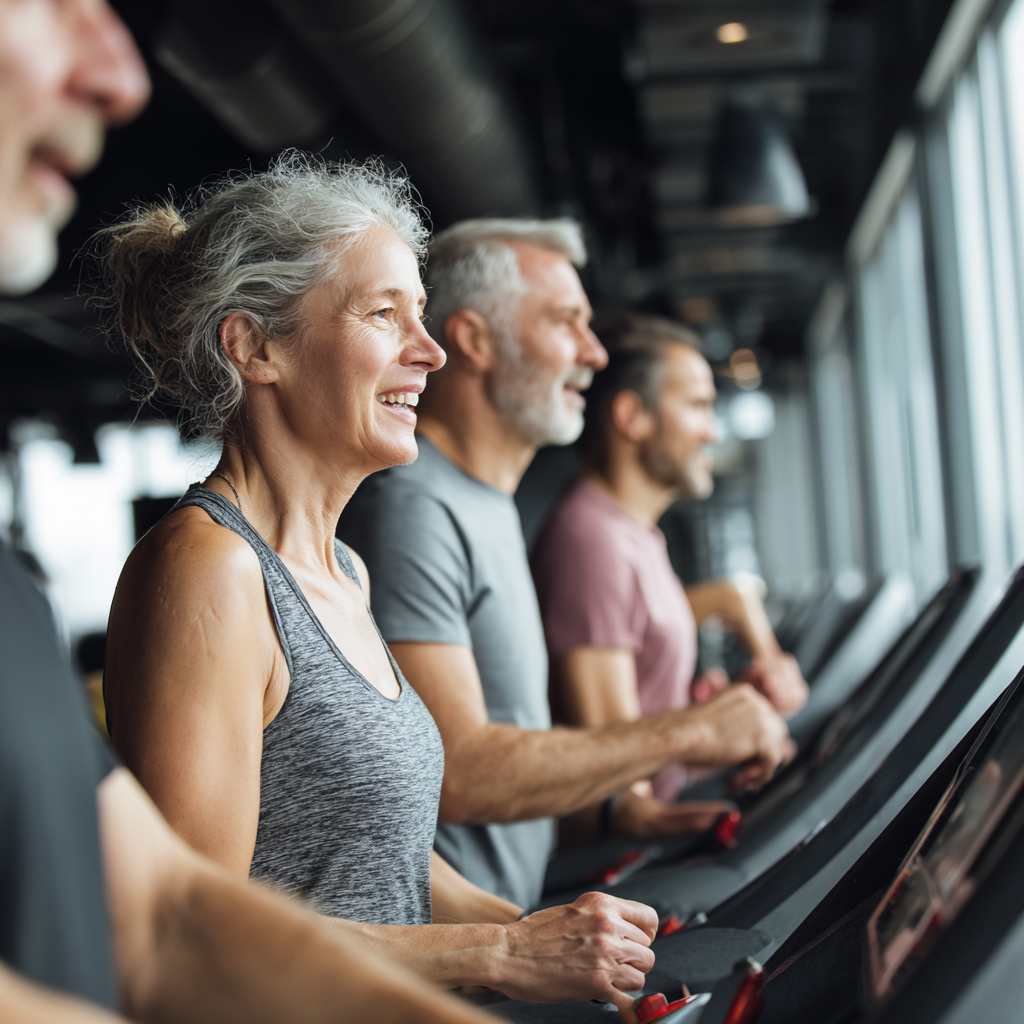 Middle-aged adults working out in a modern fitness facility with natural lighting